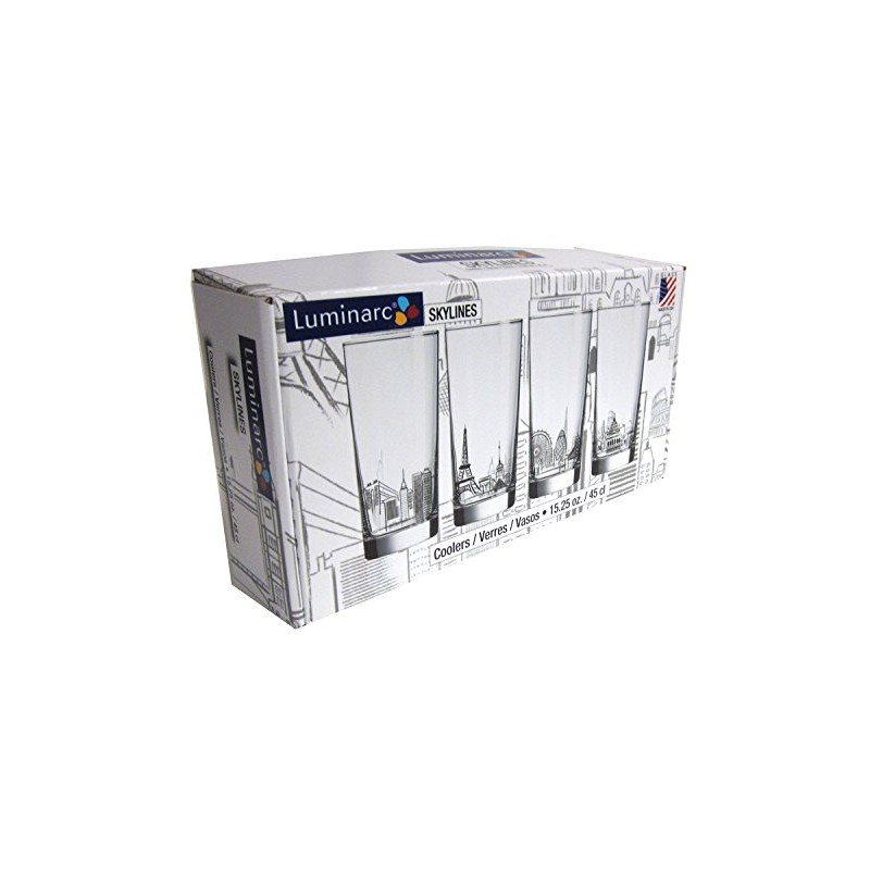 Luminarc 4 Piece Skylines 15.25 oz Assorted Decorated Coolers, Clear