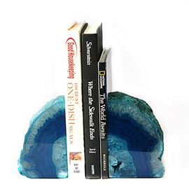 JIC Gem Book Ends Teal Agate Bookends for Shelves Decorative Geode Bookends to Hold Books Heavy Duty Home Decor with Rubber Bumpers(1 Pair, 4-6 LBS)