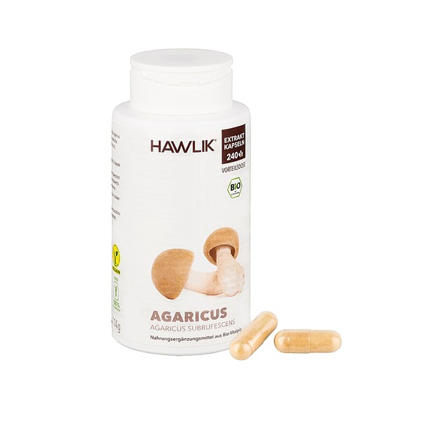 HAWLIK Vital Mushrooms Agaricus Extract Capsules - 240 Capsules - With Vitamin C - Natural Cultivation - Vegan - Sugar Cane Tin