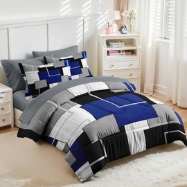 Nesker Comforter Set King Size, Blue Black Geometric 7 Pcs Bedding for Kids and Adults, Abstract Modern Grey Bed Sheet Sets with Fitted Sheet 2 Pillowcases & 2 Shams