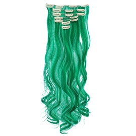 SWACC 7 Pcs Full Head Party Highlights Clip on in Hair Extensions Colored Hair Streak Synthetic Hairpieces (20-Inch Curly, Green)