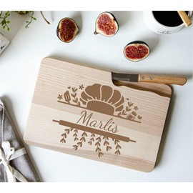 Personalisiertes Brotzeitbrettchen mit Messer, Frühstücksbrettchen 26 x 18 cm aus Holz mit Namen für Köche, Vesperbrett personalisiert mit Namen, Brotzeitbrett, Die Geschenke Manufaktur