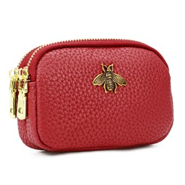 WOZEAH Leather Coin Purse for Women Small 2 Zipper Change Wallet with Key Ring Card Key Coin Cash Holder Pouch(Red)