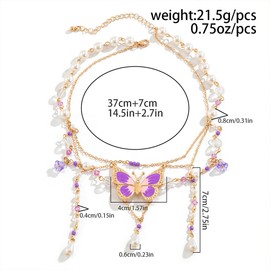 Trendy Big Butterfly Choker Necklace for Women, Cute Layered Fairy Pearl Tassel Butterfly Pendant Necklace Statement Costume Accessories Jewelry Gifts (Purple)