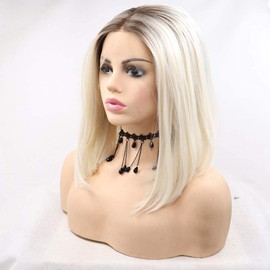 Xiweiya Platinum Blonde Bob Synthetic Lace Front Wigs with Light Roots White Blonde with Brown Roots Lace Front Wig Natural Hairline Hair Replacement Wig for Women 14inch… (8T 60)