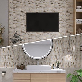 KASARO Peel and Stick Marble Tiles, Self-Adhesive Aluminum Wall Tile Stick on Bathroom, Fireplace, RV, Marble Beige with Vintage Golden Embellished Stripes, 10-Sheet