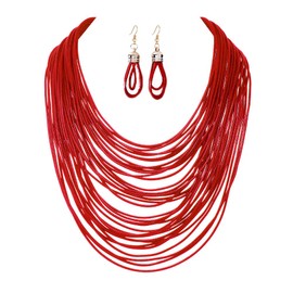 COLORFUL BLING African Multicolor Layered Chunky Bib Necklace for Women Tassel Wax Line Choker with Earrings Statement Jewelry Set-red