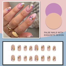 Flower Almond False Nails Short, French Artificial Nails, Acrylic Nails for Sticking with Nail Glue Sticker, Glossy Oval Artificial Nails, Press On Nails for Women