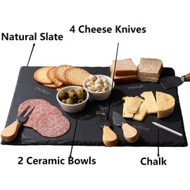 WLWNWFT 1 Pc 16 x 12 inch Slate Cheese Board Large Slate Board Set Slate Stone Board Slate Cheese Tray Serving Tray with 4 Knives Forks, 2 Ceramic Bowls and Chalk Christmas