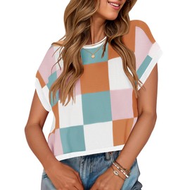 ZESICA Womens Summer Casual Printed Tops Cap Sleeve Crew Neck Cute Knit Sweaters 2025 Trendy Clothes Outfits,White Pink,Medium