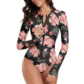 Century Star Long Sleeve Swimsuits for Women 2025 Rash Guard UPF 50+ One Piece Surfing Modest Full Coverage Zipper High Neck Cute Athletic Sporty Bathing Suit Swimwear Pink Printed 6-8
