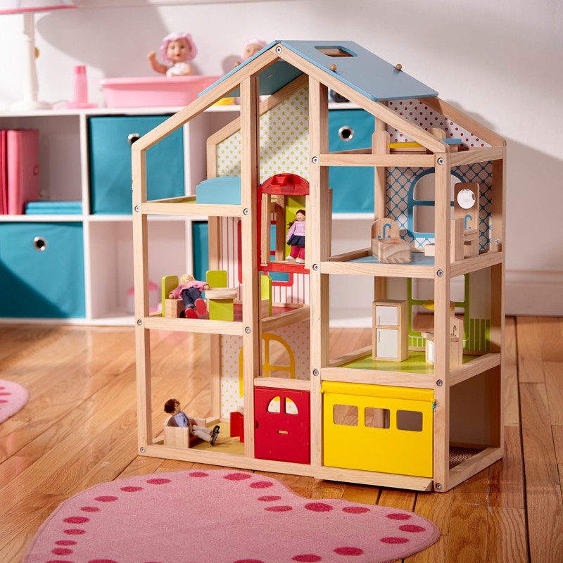 Melissa & Doug Wooden Hi-Rise Dollhouse with 15 Furniture Pieces,