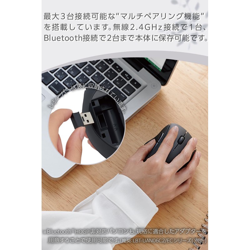 ELECOM SHELLPHA Wireless Mouse, Silent, 5 Buttons, Bluetooth, Wireless 2.4GHz