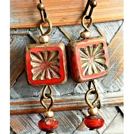 Bronze and Rustic Red Czech Bead Earrings. Jewelry Earrings for Women #3298FE734
