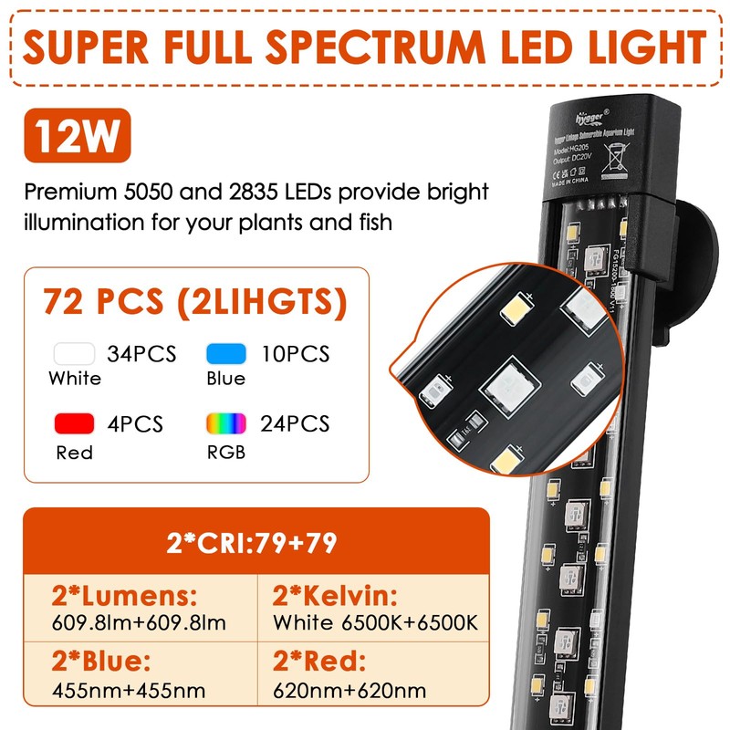 hygger Dual Channel Submersible Aquarium Light,12W Fish Tank LED Light