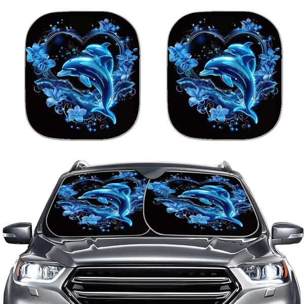JUDENTIDOS Blue Dolphin Floral Print 2-Piece Sun Shades for Car