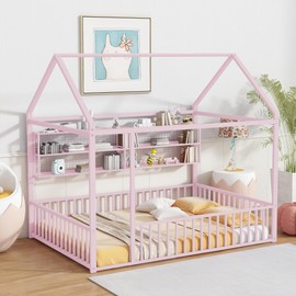 Ball & Cast Full Size Montessori Floor Bed,Metal House Bed Frame,House Floor Bed for Toddlers & Kids,Montessori Floor Bed with Fence and Storage Shelves,Playhouse for Kids,Boys,Girls,Toddlers,Pink