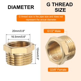 sourcing map 2 Pcs Brass Reducer Hex Bushing G1/2" Male x G3/8" Female Threaded Reducing Pipe Adapter Fitting with PTFE Tape for Plumbing, Fuel Lines, and Pneumatic Systems