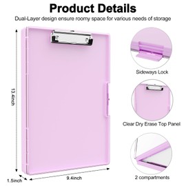 Piasoenc Clipboard with Storage, 8.5x11" Clip Boards with 2 Storage Case and A4 Paper Folder, Clear Dry Erase Top Panel, Heavy Duty Plastic, Folio & Side-Opening, for Nurses, Teachers, Lawers, Pink