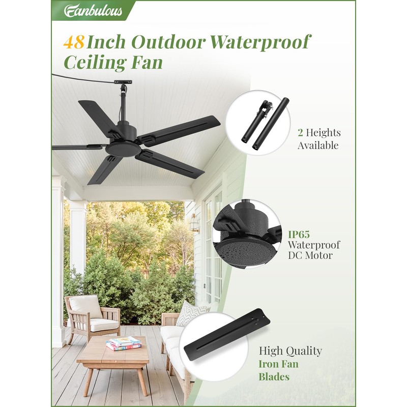 Fanbulous 48" Outdoor Ceiling Fan No Light,IP65 Wet Rated Waterproof