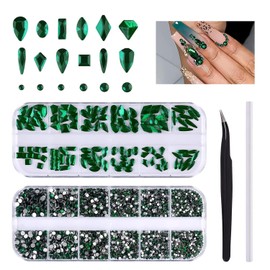 Kalolary 3120 Pcs Green Gems Nail Art Rhinestone Kit, Emerald Green Rhinestones, 12 Shapes, 6 Sizes, Includes Tweezers & Drill Pen