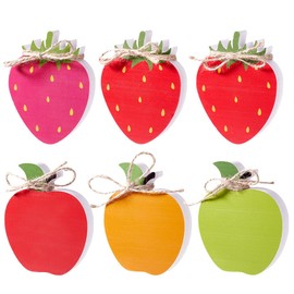 AHANDMAKER 6Pcs Wood Fruits Decor Apples & Strawberry Table Signs Farmhouse Wood Tiered Tray Decor Fruits Sign Block Decor for Home Table Centerpiece Kitchen Decoration Party Supplies
