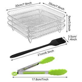 Estante de freidora de aire de 8 pulgadas para freidora de aire, estante de flujo de aire de tres capas de acero inoxidable con cepillo para polvo de aceite Rus-tproof clip de alimentos, accesorios de