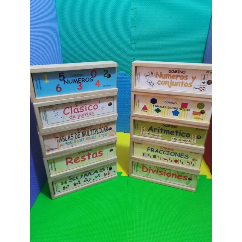 Domino Kit Con 5 Dominós De Madera Didácticos: 17 Modelos