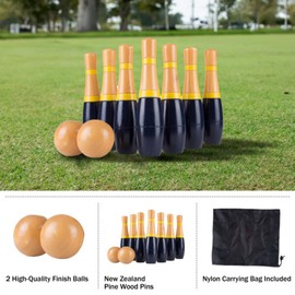 Wooden Lawn Bowling - Adults and Kids Bowling Set with 10 Pins, 2 Balls, Carry Bag - Indoor and Outdoor Games - Skittle Yard Games (Black)