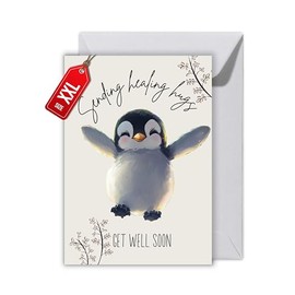 WBdesignz Get Well Soon Card with Envelope - Consolation Card "Get Well Soon" Positive Thoughts Cards Building Sayings Cards Penguin Hug Cards to Cheer Up (XXL DIN A4)