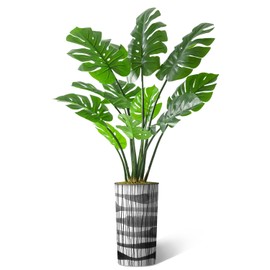 Artificial Tree in Black and White Vertical Stripe Planter, Fake Monstera Silk Tree for Indoor and Outdoor Home Decoration - 65" Overall Tall (Plant Pot Plus Tree)