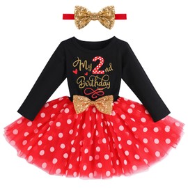 Fymnsi Baby, Toddler Girl My 1st / 2nd / 3rd Birthday Dress, Cotton Long-Sleeved Tulle Dress, A-line Princess Party Dresses with Headband, Costume Outfit for Photo, Shooting, Black + Red - 2nd Birthday, 2 Jahre