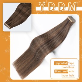 YDDM Tape in Hair Extensions Human Hair, 20pcs 24 Inch 100% Remy Human Hair Straight Invisible Tape in Hair Extensions Dark Brown Highlighted Chestnut Brown(P2/6#, 24 Inch)