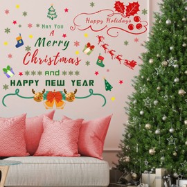 Lsshao Christmas Tree Wall Art Merry Christmas Happy Holidays Quotes Wall Decals Removable Christmas Stocking Sleigh Wall Stickers for Livingroom Playroom Bedroom Xmas New Year Decoration