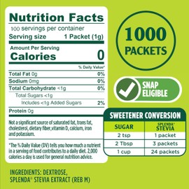 SPLENDA Stevia Zero Calorie Sweetener, Plant Based Sugar Substitute Granulated Powder, Single Serve Packets, 1000 Count (Pack of 1)