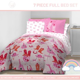 Jay Franco Cowgirl Boots & Bows Full Comforter Set - 7 Piece Bedding Includes Sheet Set & Pillow Covers - Super Soft Cozy Pink Disco Bedding