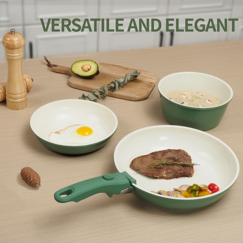 BECIGAR 8PCS Ceramic Cookware,Nonstick Ceramic Pan, Removable Handle Pots and