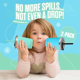 tweevo Vasos para niños con tapas de rosca a prueba de derrames, vaso para niños, 8.5 onzas, vasos de acero inoxidable para niños con pajitas y tapas y cepillo para polvo para pajitas, adorables tazas a prueba de derrames para niños, paquete de 2 (azul y