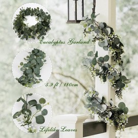 SOMYTING Eucalyptus Garland with White Flowers 2 Packs 5.9Ft Eucalyptus Leaves Gypsophila Garland Artificial Greenery Vines for Wedding Party Mantle Table Runner Home Decor (2PCS)