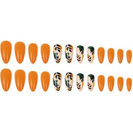 Thanksgiving Press on Nails Almond Medium Fake Nails with Leaves Designs Orange Nails Press ons Glossy Glue on Nails Fall False Nails Artificial Stick on Nails for Women 24Pcs