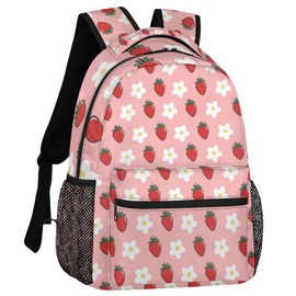 FZDXZJJ Girls Backpack Pink Strawberry Bag - Cute Schoolbag with Double Zipper, Breathable Shoulder Strap & Side Pocket for Water Bottle, Travel Pack for Kids Women Children Teens