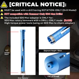 DaduoRi 1" Dry Core Drill Bit, 5/8"-11 Thread, with 3 Adapters Included: SDS Plus, SDS Max and 1/2" Hex Shank -9.5" Drilling Depth Diamond Core Bits for Concrete, Brick, Block, Stucco and Masonry