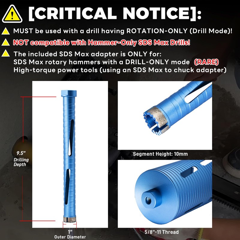DaduoRi 1" Dry Core Drill Bit, 5/8"-11 Thread, with 3