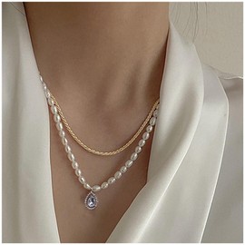 Erimberate Bohemian Layered Crystal Pendant Necklace Vintage Pearl Choker Necklace Teardrop Rhinestone Necklace Chain Water Wave Chain Necklace Gold Twist Chain Necklace Jewelry for Women and Girls