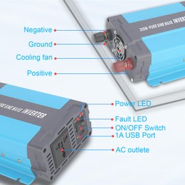 iSunergy 300W Inverter Pure Sine Wave Power 12V DC to 120V AC Converter for Home,RV,Truck,with Built-in AC sockets,5V/1A USB port