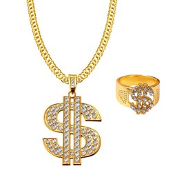 JKJF Dollar Sign Necklace Rings Set Hip Hop Dollar Necklace Collar 80s 90s Rapper Gold Chain for Men Women Theme Party Carnival Party Cosplay Accessories - Gold