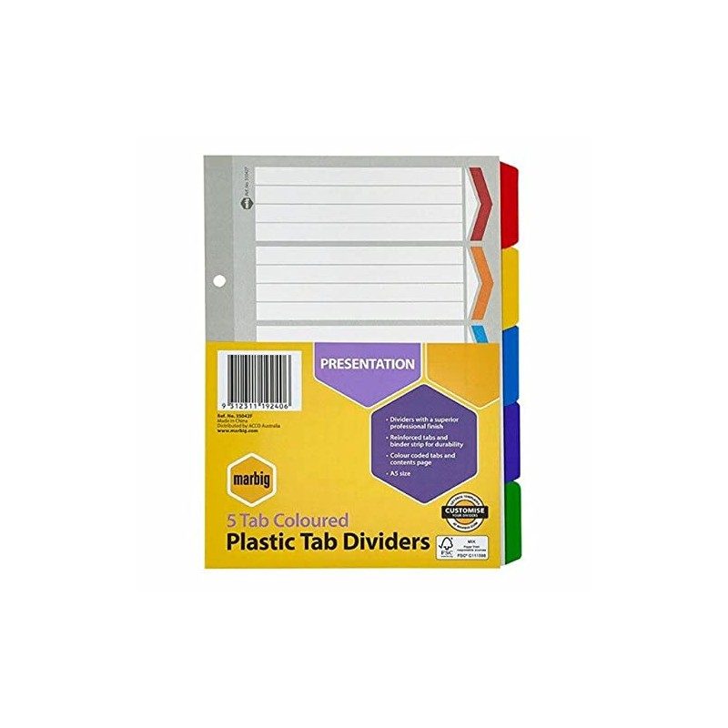 Marbig Indices & Dividers 5 Tab Reinforced A5 Colour