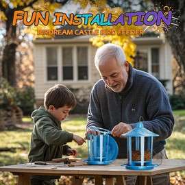 Birdream 2 Pack Bird Feeders for Outdoor Hanging, Classic Castle Design Fun Assembly Squirrel Proof Bird Feeders, Attracting Wild Birds Cardinals Goldfinches Chickadees Finches Sparrows - Blue