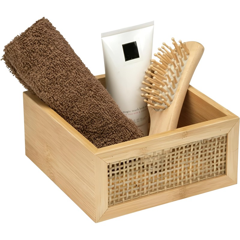 Bamboo Storage Box with Rattan Mesh Panel, Decorative Container for