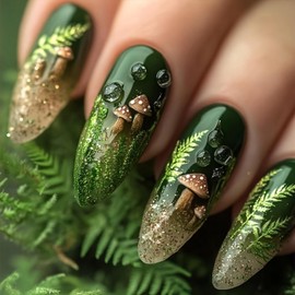 Auiremrti 24 Piece Green Glitter Press-On Nails, Medium Almond Shape, Artificial Nails with Mushroom and Leaf Design, Gradient, Full Coverage